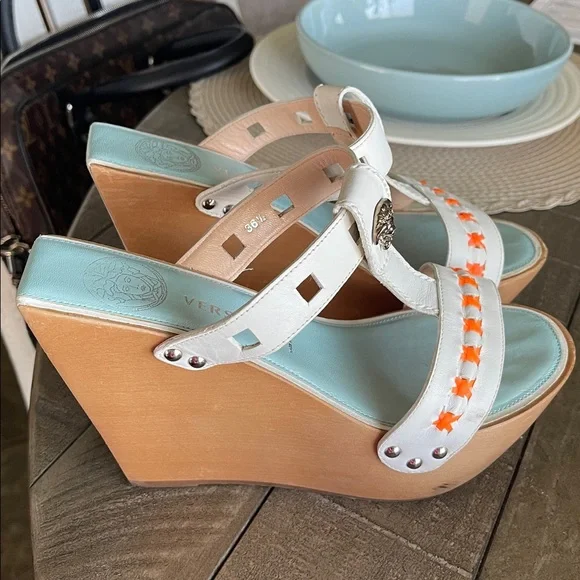 Versace Beige Leather Wood Platform Wedge - Picture 5 of 10